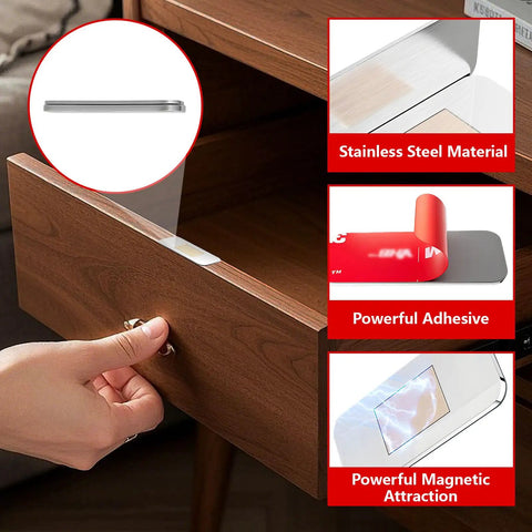 12 Pack Magnetic Cabinet Door Catch No Drill Ultra Thin Stainless Steel Hardware on a drawer with adhesive pads shown