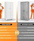 Comparison between steel and wooden pantry cabinets; 71 Inch Tall White Freestanding Kitchen Cabinet on the left.