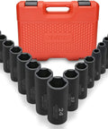 Half Inch Impact Socket Set 15 Piece Metric 10 24 mm Deep Sockets Six Point Drive For Impact Wrench Chrome Vanadium Cr V with Case