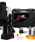 Front view of S&F Stead & Fast 1100W magnetic drill press kit with carrying case.