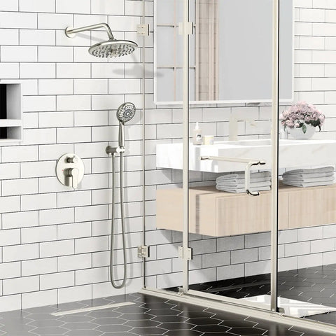 Top Tier Brushed Nickel Shower System Featuring 10 Inch Multifunctional High Pressure Head And Handheld Sprayer Plus Quick Swap Valve For A Major Bathroom Glow Up