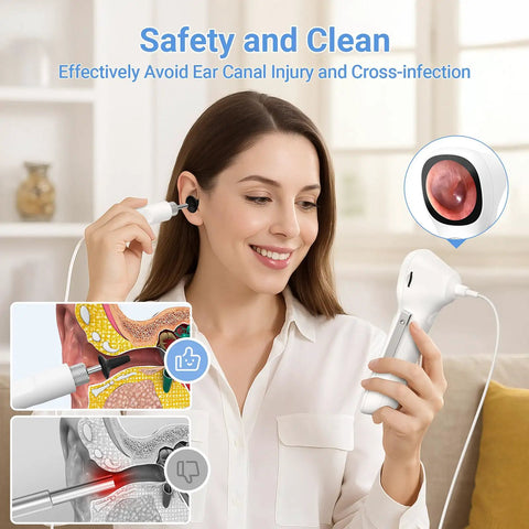 All In One Ear Scope Otoscope With Built In Light 1.45 Inch IPS Display 3.9mm Ear Camera No Phone Needed Standalone HD CMOS Sensor For Quick Home Ear Checks, woman using otoscope