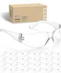 24 Pack Safety Glasses Bulk Haul Featuring Clear Polycarbonate Lenses And Rugged Wraparound Impact Shield, displayed with a storage box.