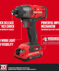 20V Max Impact Driver Kit With One Quarter Inch Chuck 2800 RPM 1460 Inch Pounds Torque Quick One Handed Bit Changes LED Work Light Battery And Charger Included A Real Workhorse For Screws And Lag Bolts showing side view with quick release chuck and LED light on red background.