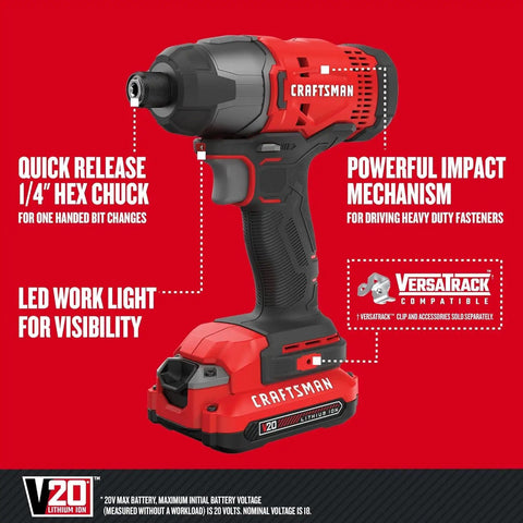 20V Max Impact Driver Kit With One Quarter Inch Chuck 2800 RPM 1460 Inch Pounds Torque Quick One Handed Bit Changes LED Work Light Battery And Charger Included A Real Workhorse For Screws And Lag Bolts showing side view with quick release chuck and LED light on red background.