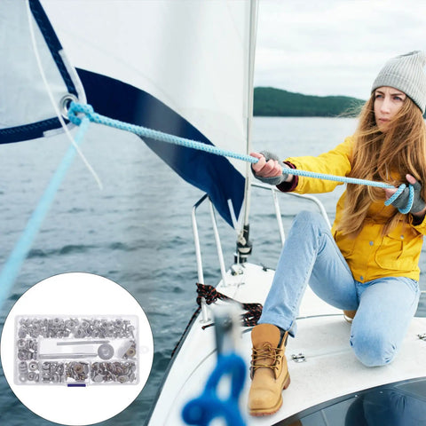 Real Deal Canvas Tarp Snap Kit Featuring Rust Resistant Marine Fasteners With 10 MM And 15 MM Screw Snap Buttons on a boat.
