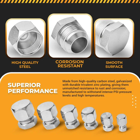 Pro Grade 64 Piece JIC 37 Degree Flare Cap and Plug Kit showing high-quality steel and corrosion resistance features.