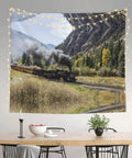 Locomotive Train Wall Tapestry Print For Bedroom Living Room Dorm hanging above table with scenic train view