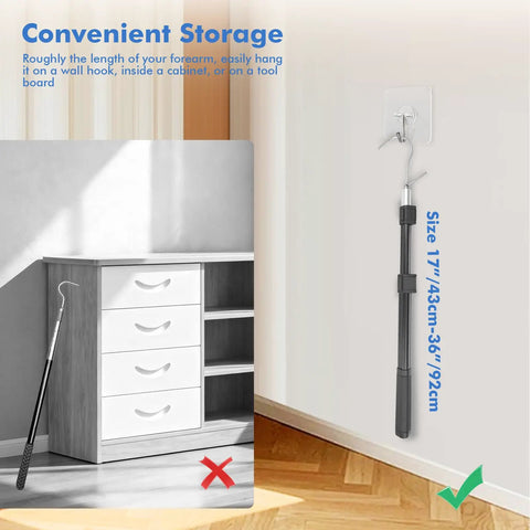 Beefy Attic Pull Down System Kit With Adjustable 17 To 36 Inch Range shown mounted on wall with Y hook and two handles for storage