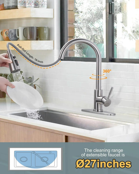 High Arc Single Handle Brushed Nickel Kitchen Faucet With Pull Down Sprayer And Deck Plate 304 Stainless Steel Lead Free