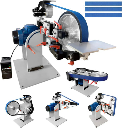 Kickass 1500 Watt Belt Sander With High Output Vfd Controller 72 By 2 Inch Wide Belt Grinder And Knife Sharpener Kit three views of sander