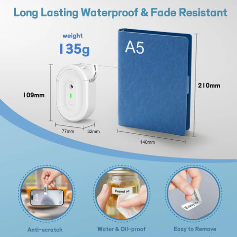 No Sweat Bluetooth Label Maker Mini Thermal Printer Pocket Sized Wireless Labeling Machine next to A5 notebook with dimensions.