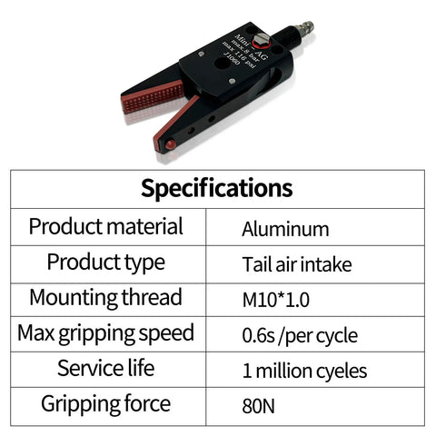 Mini Pneumatic Parallel Gripper J1060 With Extended Jaw For Silicone Strip Detection, specifications table with key data