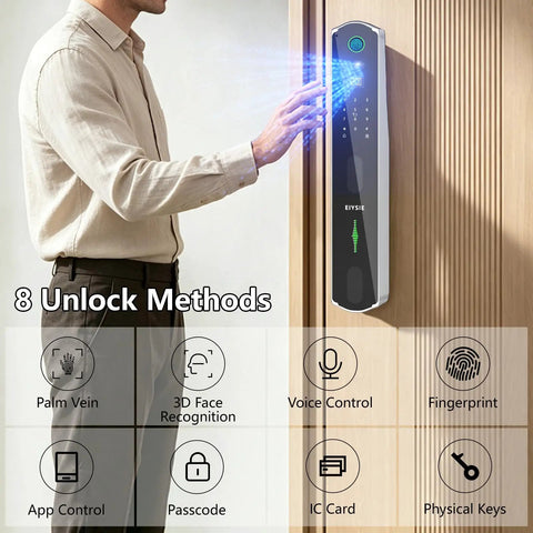 Man using Wifi Video Doorbell Smart Lock Featuring Eight Keyless Methods Palm Vein Facial Recognition Fingerprint Pin Card App Control For Heavy Duty Home Security Zero Sweat Tight Security Setup.