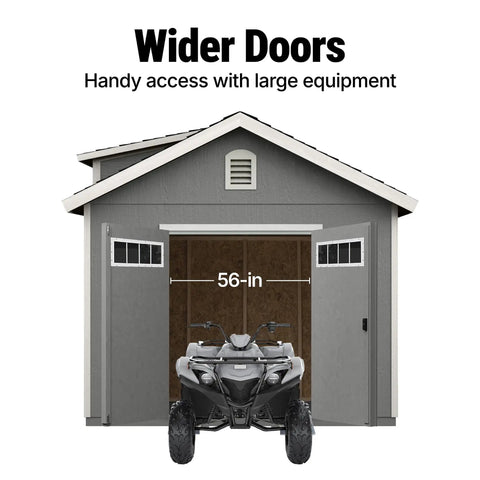 DIY 10x12 Wooden Storage Shed With Floor in beige featuring 56-inch wide prehung double doors and transom windows with ATV.
