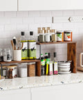 Kitchen Countertop Organizer And Spice Rack For Pantry And Coffee Station Space Saver Stackable Cabinet Shelves Rustic Wood Brown Finish No Fuss Easy To Assemble with spices and bottles.