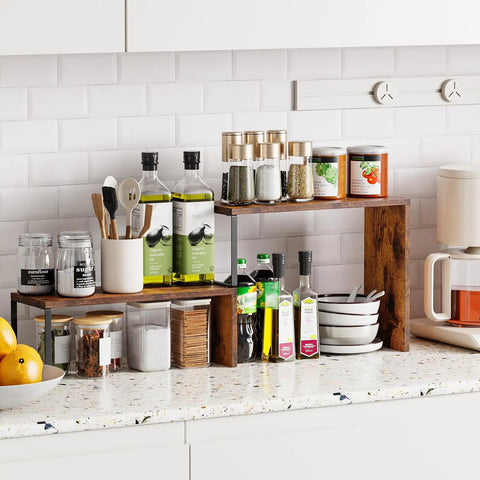 Kitchen Countertop Organizer And Spice Rack For Pantry And Coffee Station Space Saver Stackable Cabinet Shelves Rustic Wood Brown Finish No Fuss Easy To Assemble with spices and bottles.