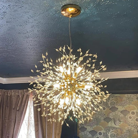 Modern Dandelion Firework Crystal Chandelier Gold Pendant Lighting Fixture For Dining Room Bedroom Entryway Foyer 9 Light