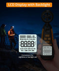 Anemometer Wind Meter With Backlit Display Pro Grade Handheld Gauge That Measures Wind Speed Airflow Humidity Temperature Plus Six Velocity Units And Max And Min Readings For HVAC Drone Sailing Fishing And Outdoor Use, night use