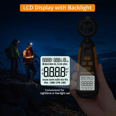 Anemometer Wind Meter With Backlit Display Pro Grade Handheld Gauge That Measures Wind Speed Airflow Humidity Temperature Plus Six Velocity Units And Max And Min Readings For HVAC Drone Sailing Fishing And Outdoor Use, night use