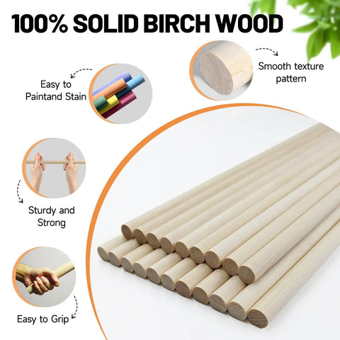 Heavy Duty 20 Pack Wooden Dowel Rods 3/8 X 15 Inch Round Unfinished Hardwood Sticks Knockout Build For Sick Craft Projects Diy Tutorials Cake Tiers And Wedding Ribbon Wands, solid birch wood with smooth texture.