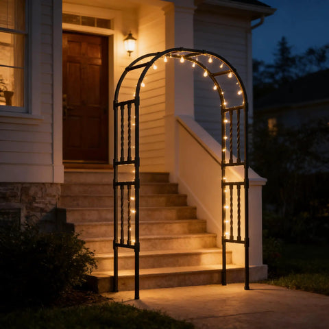 Go-To 6.9x7.9 Ft Square Tube Garden Arbor Trellis With Twisted Metal Design illuminated at night by entrance