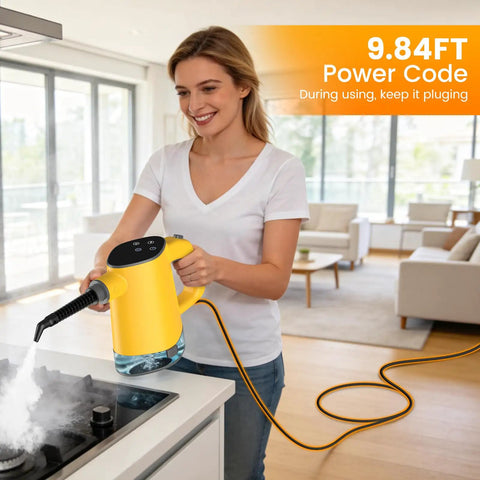 Woman using 1200W Handheld Steam Cleaner Heats Up In Just 10 Seconds For A Straight Up No Hassle Deep Clean.