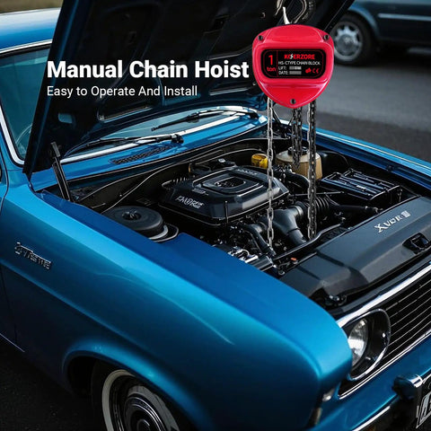 Beefed Up 1 Ton Hand Chain Hoist For Engine Lifts And Heavy Duty Work In Garages And Warehouses, Perfect For Auto Shops, 10 Ft Lift Range, Built With Durable Alloy Steel Chain And Reinforced Gears For Long Lasting Performance on a car engine