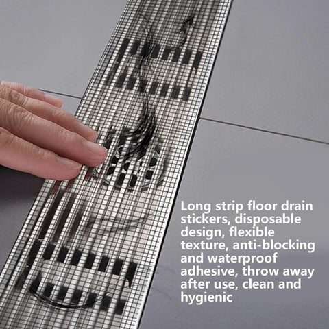 Hair Catcher for Shower-Self-Adhesive Drain Strainer Filter Roll applied on a floor drain with hair caught on it.