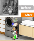 Slim Rolling Storage Cart With Wheels For Small Spaces, Clear Modern Design, Three Tier Skinny Utility Cart in laundry room