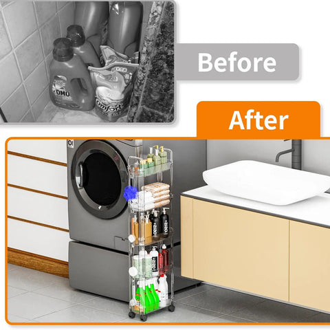 Slim Rolling Storage Cart With Wheels For Small Spaces, Clear Modern Design, Three Tier Skinny Utility Cart in laundry room