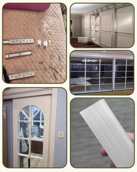 Level Up Your Pad With Heavy Duty Double Barn Door Sliding Kit Featuring Smooth Gliding Pulleys For Interior Wooden Doors, parts and installation view.