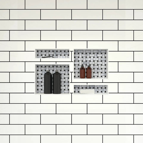 Quad Recessed Shower Shelf Niche With Four Inner Shelves, 32 Inch Wide By 20 Inch High By 4 Inch Deep, All In One Shower Storage, Tile Ready Surface, Install Horizontally Or Vertically, Black.