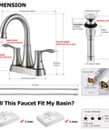 Dimensions of Swivel Spout Two Handle Brushed Nickel Bathroom Sink Faucet With Metal Pop Up Drain And Supply Lines, 360 Degree High Arc