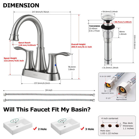 Dimensions of Swivel Spout Two Handle Brushed Nickel Bathroom Sink Faucet With Metal Pop Up Drain And Supply Lines, 360 Degree High Arc