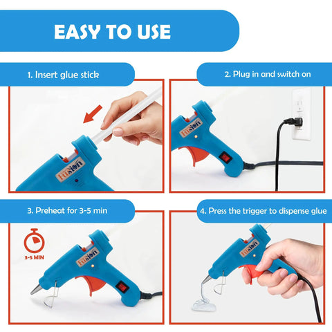 Step-by-step guide for using Super Reliable Heavy Duty Mini Hot Glue Gun Kit With Rugged Travel Case And Ten Clear Adhesive Sticks.