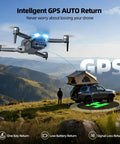 2K FPV Drone With 4.5 Inch Screen Remote showing GPS auto return over mountain landscape near parked vehicle