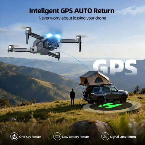 2K FPV Drone With 4.5 Inch Screen Remote showing GPS auto return over mountain landscape near parked vehicle