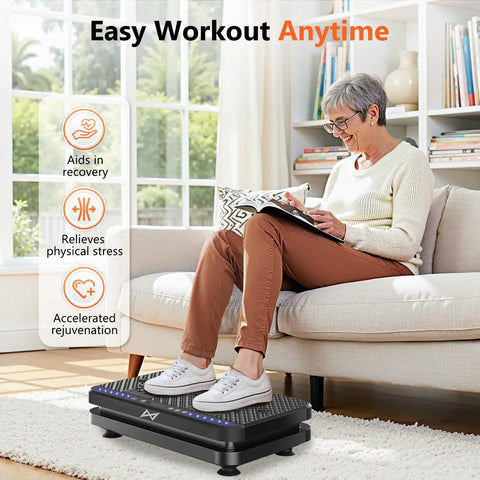 Vibration Plate Fitness Platform for Full Body Workout and Lymphatic Drainage home gym shaker under sofa, woman sitting