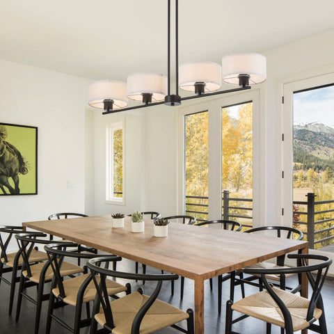 Rectangular Farmhouse Wood Pendant Light With 4 Light Industrial Chandelier illuminating a dining room with rustic furniture.