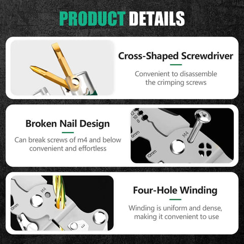 Details of All In One 18 In 1 Foldable Wire Stripper With Voltage Detector showcasing screwdriver, broken nail, and winding features.