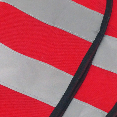 Close-up of Hella Bright Mesh Safety Vest For Kids With Heavy Duty Reflective Strips And Easy Stretch Waistband 5 Pack Neon Red.