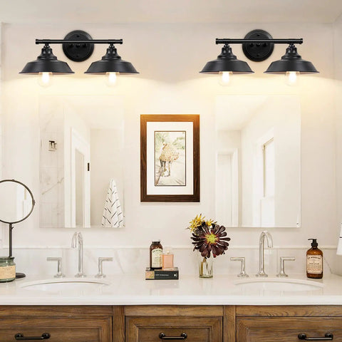 Farmhouse Bathroom Vanity Light 20 Inch Black 2 Light Over Mirror Fixture With Rustic Metal Shades E26 Base UL Certified