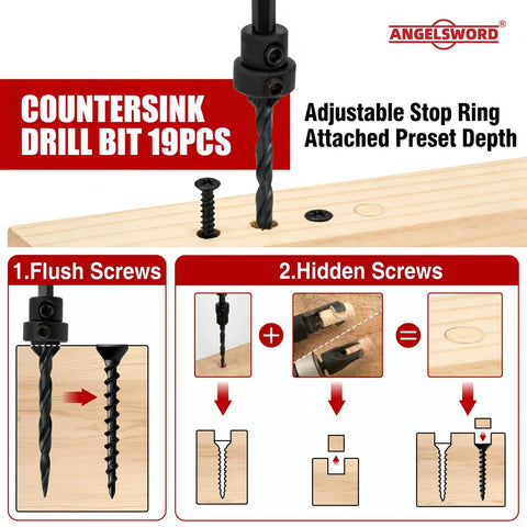 Pro Grade Countersink Drill Bit Set 19 Piece With Seven Tapered Bits Four Wood Plug Cutters Magnetic Extension Shaft diagram