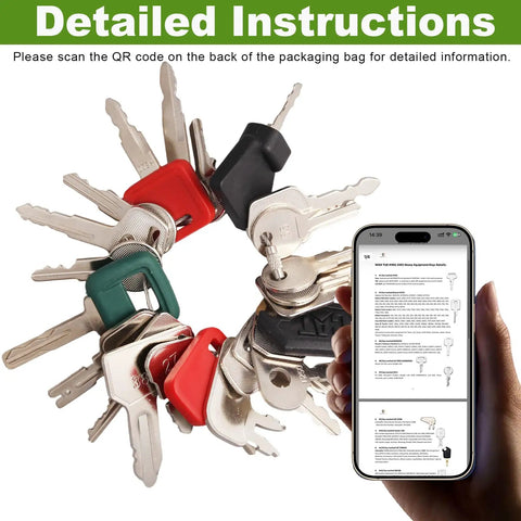24 Key Heavy Equipment Master Set Universal Ignition Key Kit That Works With Most Heavy Machinery Rigs shown with phone instructions