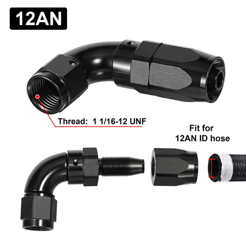 12AN 90 Degree One Piece Full Flow Hose End Fitting Swivel For CPE Braided Hose Aluminum 6061 T6, 1 1/16-12 UNF, AN12, Heavy Duty 1500 PSI, -40F To 250F, black elbow fitting