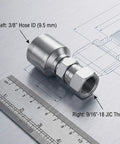 QWORK hydraulic hose fitting, steel, side view showing 3/8 in hose ID and 9/16-18 JIC thread