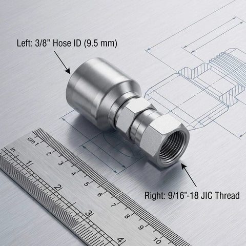 QWORK hydraulic hose fitting, steel, side view showing 3/8 in hose ID and 9/16-18 JIC thread