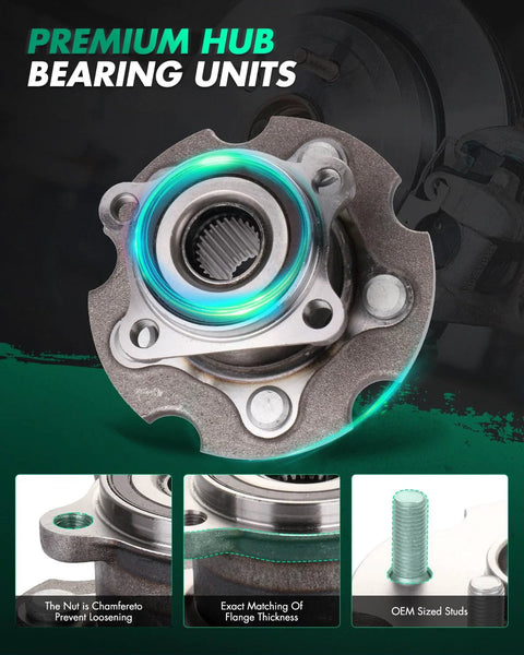 Two Rear Wheel Hub And Bearing Assemblies For AWD Crossover And SUV Fits Lexus NX200t 2015-2017 NX300 2018-2021 NX300h 2015-2021 And Toyota RAV4 2006-2018 Reliable Wheel Bearing Replacement Set For All Wheel Drive Models close-up view showing flange thickness and OEM studs