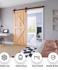 EaseLife 8 Ft Sliding Barn Door Hardware Track Kit installed on wooden door in a modern bedroom, black powder-coated aluminum.
